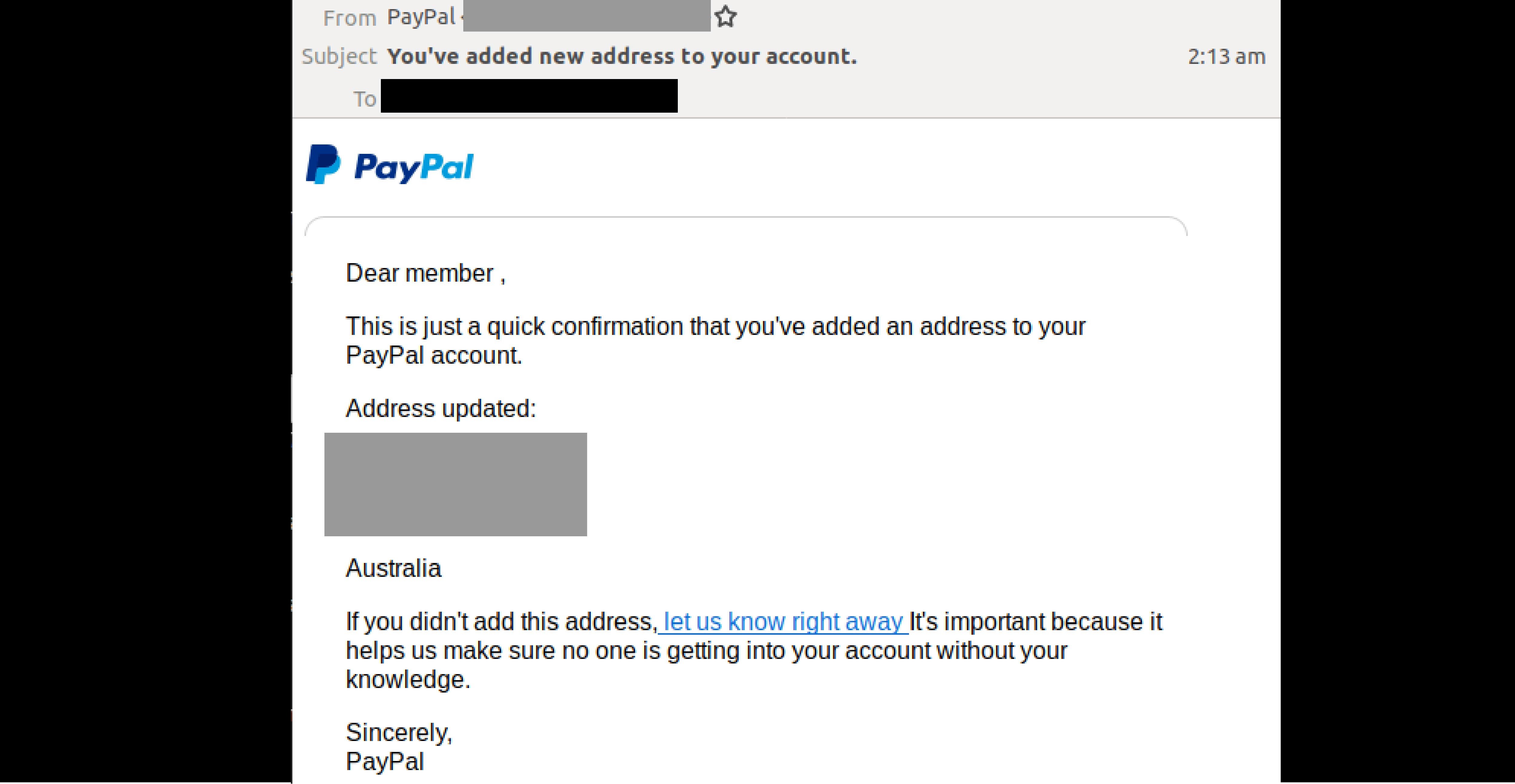 Phishing email impersonating PayPal confirms the addition of a new address